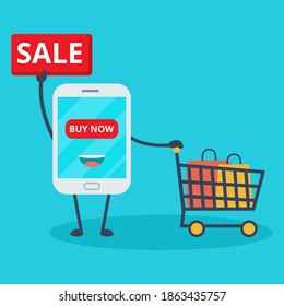 Smartphone online shop. Illustration vector graphic cartoon character of cute smartphone. Perfect for Ecommerce,sale, store web element. Illustration E-commerce Shopping Symbols.