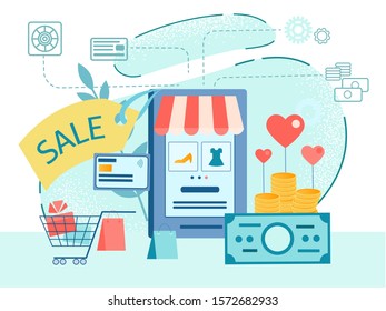 Smartphone with online shopping app vector illustration concept. Goods in the basket, payment by credit card, discounts and sales. Infographics payment convenience, reliability and security.