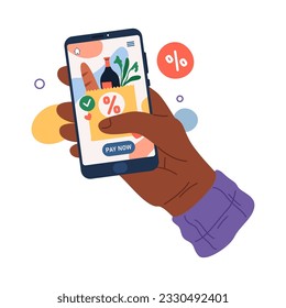 Smartphone online shopping flat vector illustration. App for shop buyers. Phone web commerce. User making order in grocery store. Online food purchase with discount. E-commerce internet market.