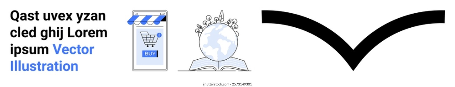 Smartphone with online store app, a globe with digital connections and social media interactions, and a checkmark. Ideal for e-commerce, global business, social media, digital marketing, mobile apps