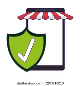 smartphone online store with certified badge blue lines