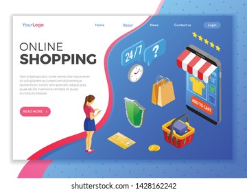 Smartphone with online store, credit card, Customer. Internet Shopping and Online Electronic Payments Concept. Isometric icons. landing page template. isolated vector illustration