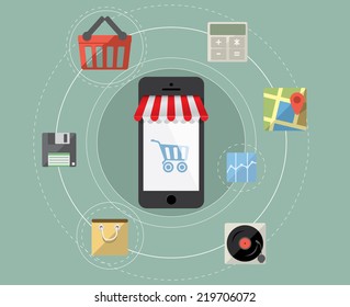 Smartphone as online store - Mobile shopping concept vector with flat icon set