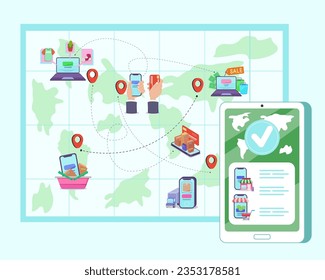 Smartphone with online store on screen vector illustration. Devices with online shopping apps, payment transactions and delivery boxes on world map. Online shopping, business concept