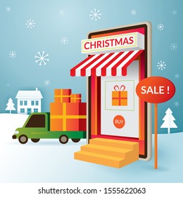 Smartphone Online Store Sale with Delivery Truck, Online Shopping Concept, Merry Christmas and Happy New Year