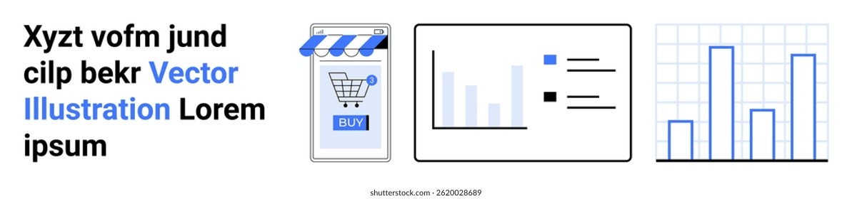 Smartphone con tienda en línea, varios gráficos que ilustran el análisis de datos y gráfico de barras para métricas. Ideal para comercio minorista, comercio móvil, informes comerciales, visualización de datos, análisis, finanzas