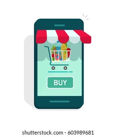 Smartphone online store vector illustration isolated, mobile phone as storefront with shopping cart and buy now button, concept of e-commerce internet shop showcase, ecommerce