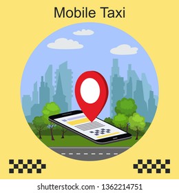 Smartphone, online taxi service and City Skyline. Vector illustration