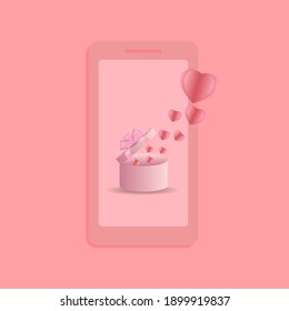 Smartphone with an open box. A box to send love and warmth. Love box icon. Heart balloon. Heart icon. Mobile phones convey love. Vector illustration.