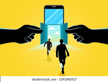 Smartphone Open door. Businessman and smartphone technology. Concept business vector illustration