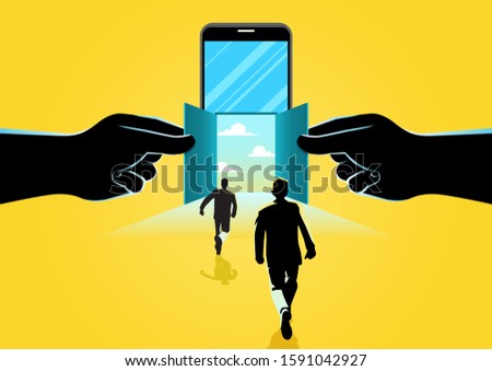 Smartphone Open door. Businessman and smartphone technology. Concept business vector illustration