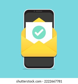 Smartphone With Open Email Message With Tick In A Flat Design