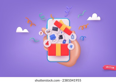 Smartphone with open gift box, confetti, shopping items, gift box concept. 3d vector web illustration.