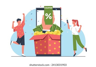 Smartphone con caja de regalo abierta y cupones de descuento. Vales de venta. Clientes alegres. Teléfono móvil. Oferta de boletos. Aplicación de compras. Billetes y monedas en la actualidad. Concepto de vector