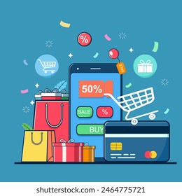 Smartphone con caja de regalo abierta y cupón de descuento o porcentaje de venta de Cupón, confeti, monedas que caen, concepto de caja de regalo. Concepto de compras en línea. Anuncio de promoción de ventas. Ilustración vectorial