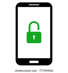 Smartphone with open lock symbol on screen. Gadget security concept. Vector icon.