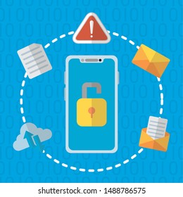smartphone open padlock email warning technology internet security vector illustration