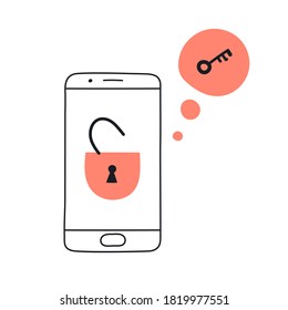 Smartphone with an open padlock on the display screen and a key in the bubble. Security, safety, verification, limited access or data protection concept. Flat line vector icon illustration on white