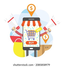 Smartphone open shopping application holding megaphones. Shopping Online. Delivery concept. Transportations concept. Buy button. Abstract blue cloud background. Shop bag and box. Logistic business.