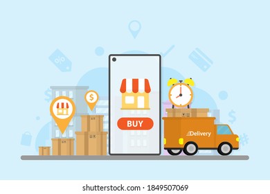 Smartphone open shopping online application. Boxes with shop symbols in pin. City scape with cloud background. Transportation concept. Delivery truck. Shop icon surround. Technology concept. 