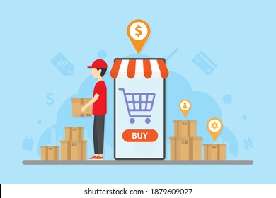 Smartphone open shopping online application. Cloud abstract city scape background with shop icon around. Delivery man holding box. Logistic business. Technology concept. Business concept.