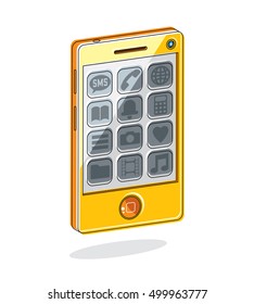 Smartphone with options, cell phone isolated on white, vector illustration.