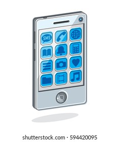 Smartphone mit Optionen, Handy einzeln auf Weiß, Vektorgrafik.