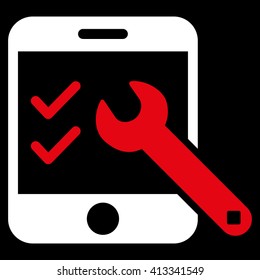 Smartphone Options vector icon. Style is bicolor flat icon symbol, red and white colors, black background.