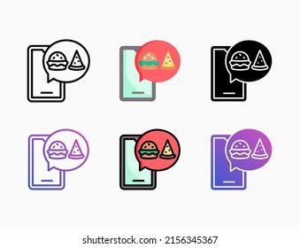 Smartphone order food app icon set with line, outline, flat, filled, glyph, color, gradient. Editable stroke and pixel perfect. Can be used for digital product, presentation, print design and more.