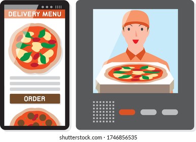 Menú de pedidos de Smartphone y personal de entrega entrega entrega pizza