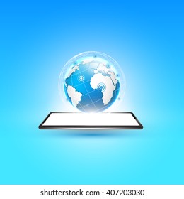 Smartphone with outgoing light and earth globe 
