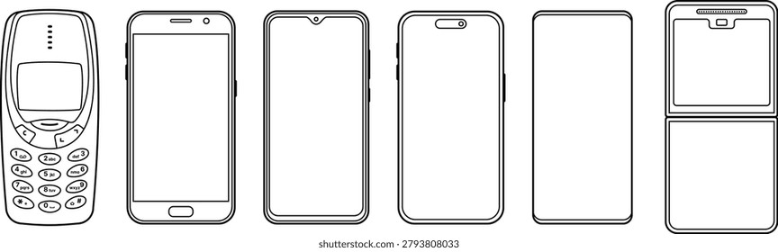 Smartphone Outline frame mockup with different notch styles, mobilephone, cellphone and device mockup. vector illustration