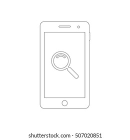 Smartphone outline icon with loupe search sign. Vector design template.