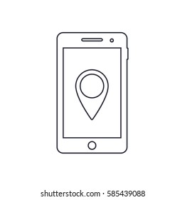 Smartphone outline icon with map pointer navigation symbol. Vector design template.