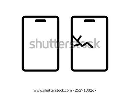 Smartphone outline icon set. Broken cracked phone monitor screen.Technology, quality, repair concepts. Flat vector design isolated illustration.