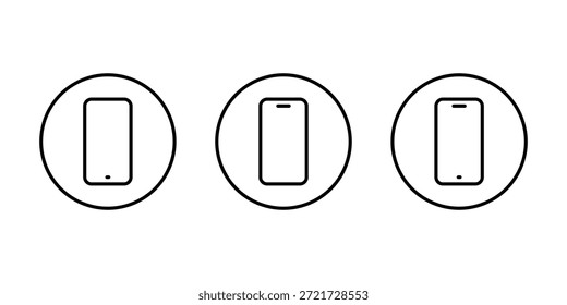 Conjunto de iconos de contorno de smartphone en línea circular. Símbolo del teléfono móvil. Signo del dispositivo del teléfono móvil