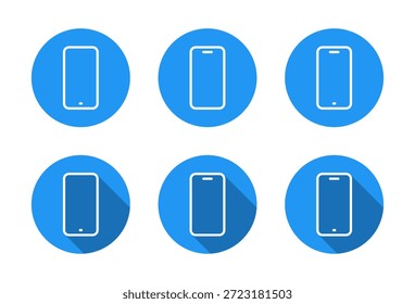 Conjunto de iconos de contorno de teléfono inteligente con sombra larga. Símbolo del teléfono móvil. Signo del dispositivo del teléfono móvil