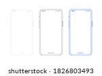 Smartphone outline mockup, different colors set. Generic mobile phone in front view and empty screen for ur app design or web site presentation. Black, white and blue template in line style.