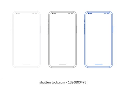Smartphone outline mockup, different colors set. Generic mobile phone in front view and empty screen for ur app design or web site presentation. Black, white and blue template in line style. - Shutterstock ID 1826803493
