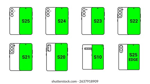 Smartphone outline mockups front and back view. Phone mockup with transparent screen and back. Outlines of various smartphones with blank green screens.