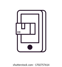 smartphone con icono de cuadro de paquete sobre fondo blanco, estilo de línea, ilustración vectorial