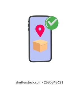 Smartphone con caja de paquete, pin de ubicación y marca de verificación.