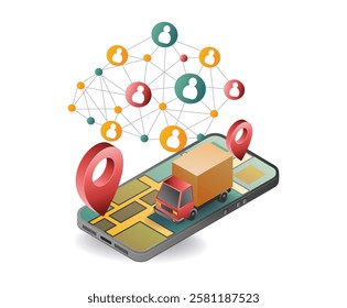 Smartphone package delivery map application concept illustration