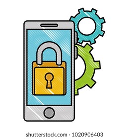 smartphone with padlock and gears
