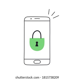 Smartphone with a padlock on the display screen. Security, safety, verification, limited access or data protection concept. Flat line vector icon illustration on white