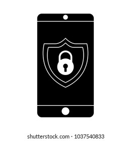 smartphone padlock security protection data app vector illustration  black and white graphic  