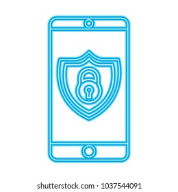 smartphone padlock security protection data app vector illustration blue neon line image