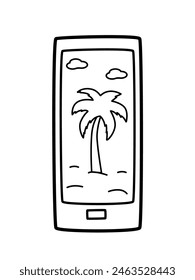 A smartphone with a palm tree on the screen, a doodle sketch. Vector illustration of a beach photo in your phone.