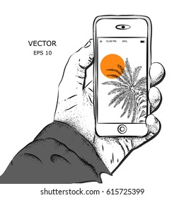 Smartphone with palm trees on the screen. Vector illustration