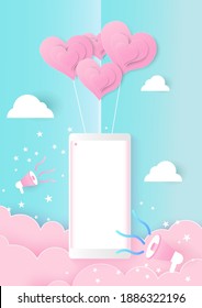 Smartphone and paper heart paper cut. vector art and illustration.
